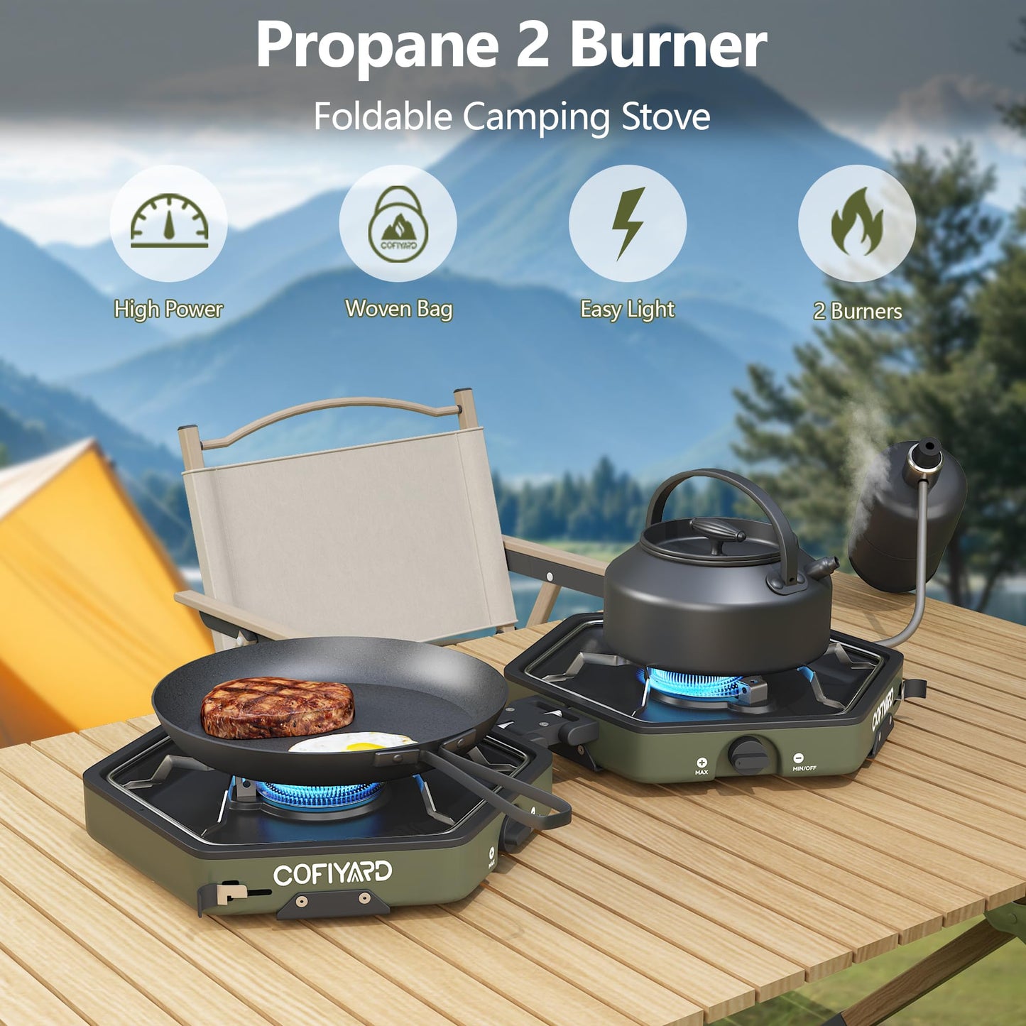 Cofiyard Propane 2-Burner Camping Stove with Carrying Bag and Gas Stove Pressure Regulator, Camping Essentials Folding Camp Stove with Flick-Style Ignition for Backpacking, Outdoor Cooking, Tailgating