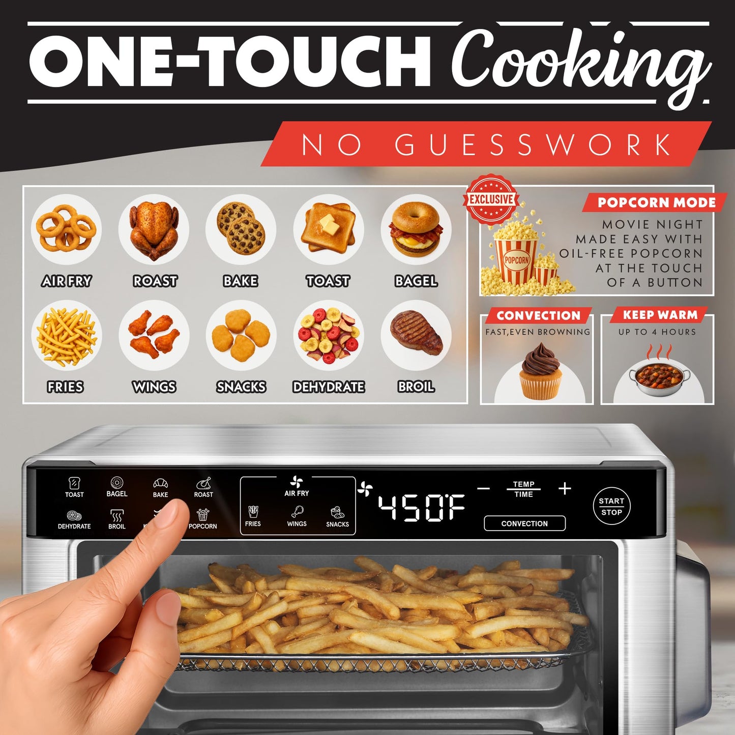 Gourmia Toaster Oven Digital Air Fryer - Convection Mode with 4 Slice Capacity, 3 Rack Positions, 12 Presets, Toast, Bagel, Bake, Roast, Broil, Dehydrate, Popcorn, Fits 9" Pizza, Stainless Steel