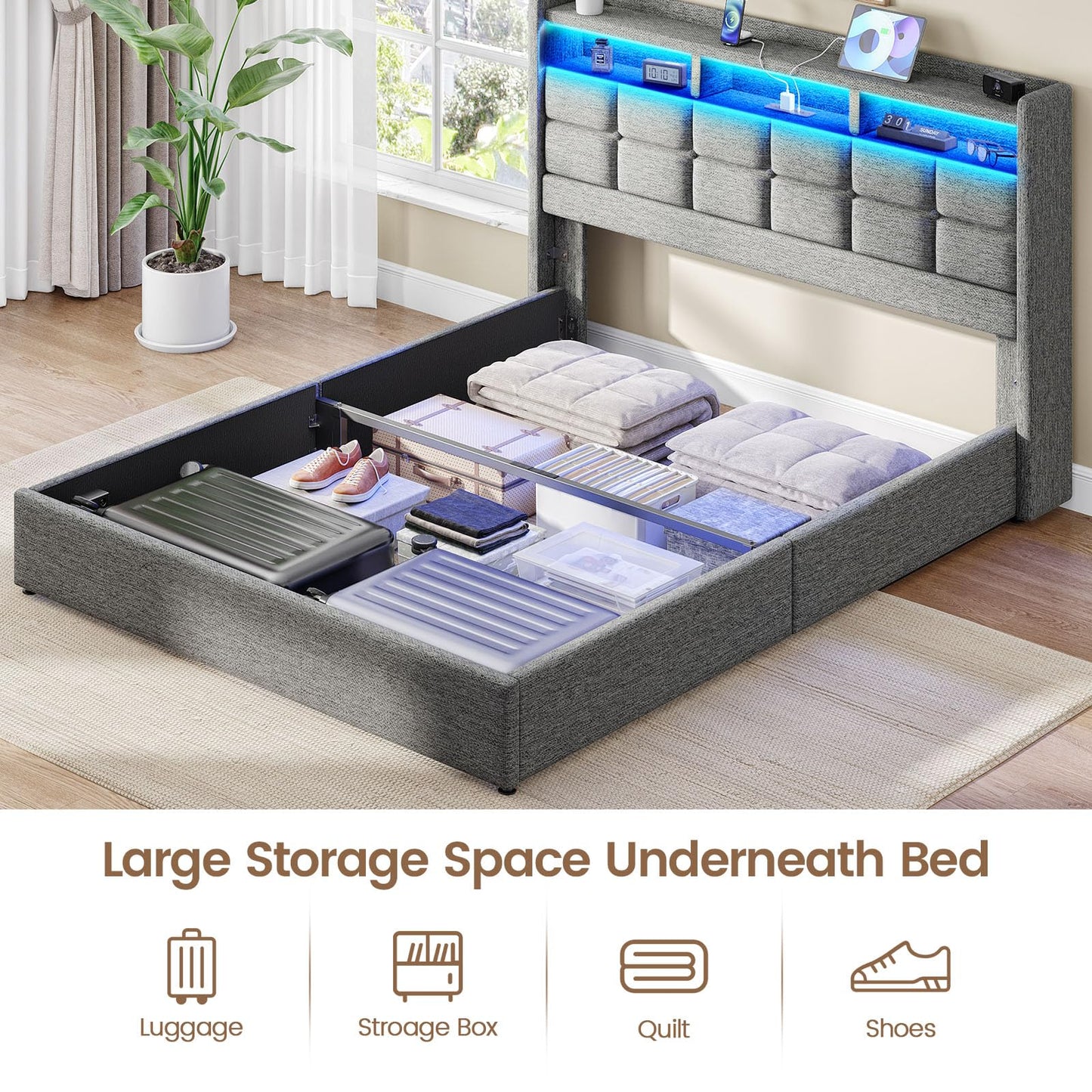 Driftalia Lift Up Queen Bed Frame with Storage, Upholstered Bed Frame Queen Size with LED Lights Headboard and Charging Station, No Box Spring Needed, Easy Assembly - Light Grey