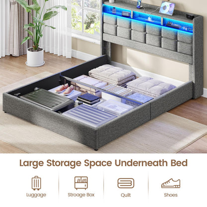 Driftalia Lift Up Queen Bed Frame with Storage, Upholstered Bed Frame Queen Size with LED Lights Headboard and Charging Station, No Box Spring Needed, Easy Assembly - Light Grey