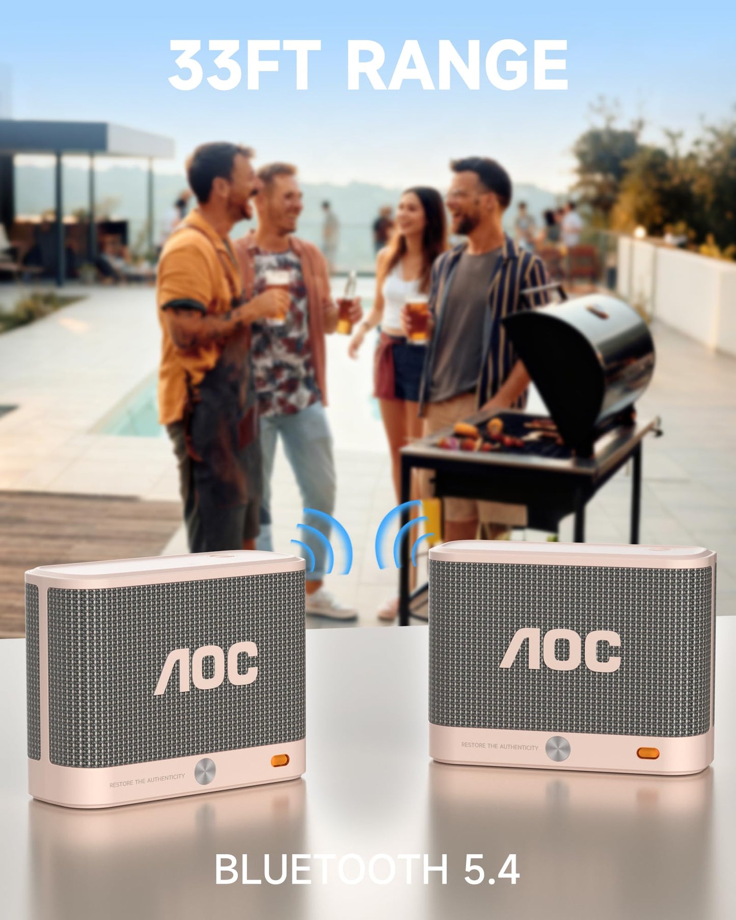 AOC Portable Bluetooth Speaker, Shower Speaker, BT 5.4 with Wireless Stereo Pairing, BassUp, IP67 Waterproof, Dustproof, 30-Hour Playtime, Compact Small for Home, Outdoors, Travel, White