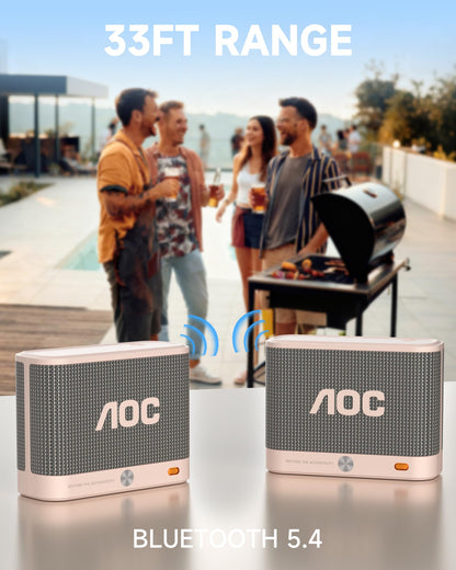 AOC Portable Bluetooth Speaker, Shower Speaker, BT 5.4 with Wireless Stereo Pairing, BassUp, IP67 Waterproof, Dustproof, 30-Hour Playtime, Compact Small for Home, Outdoors, Travel, White