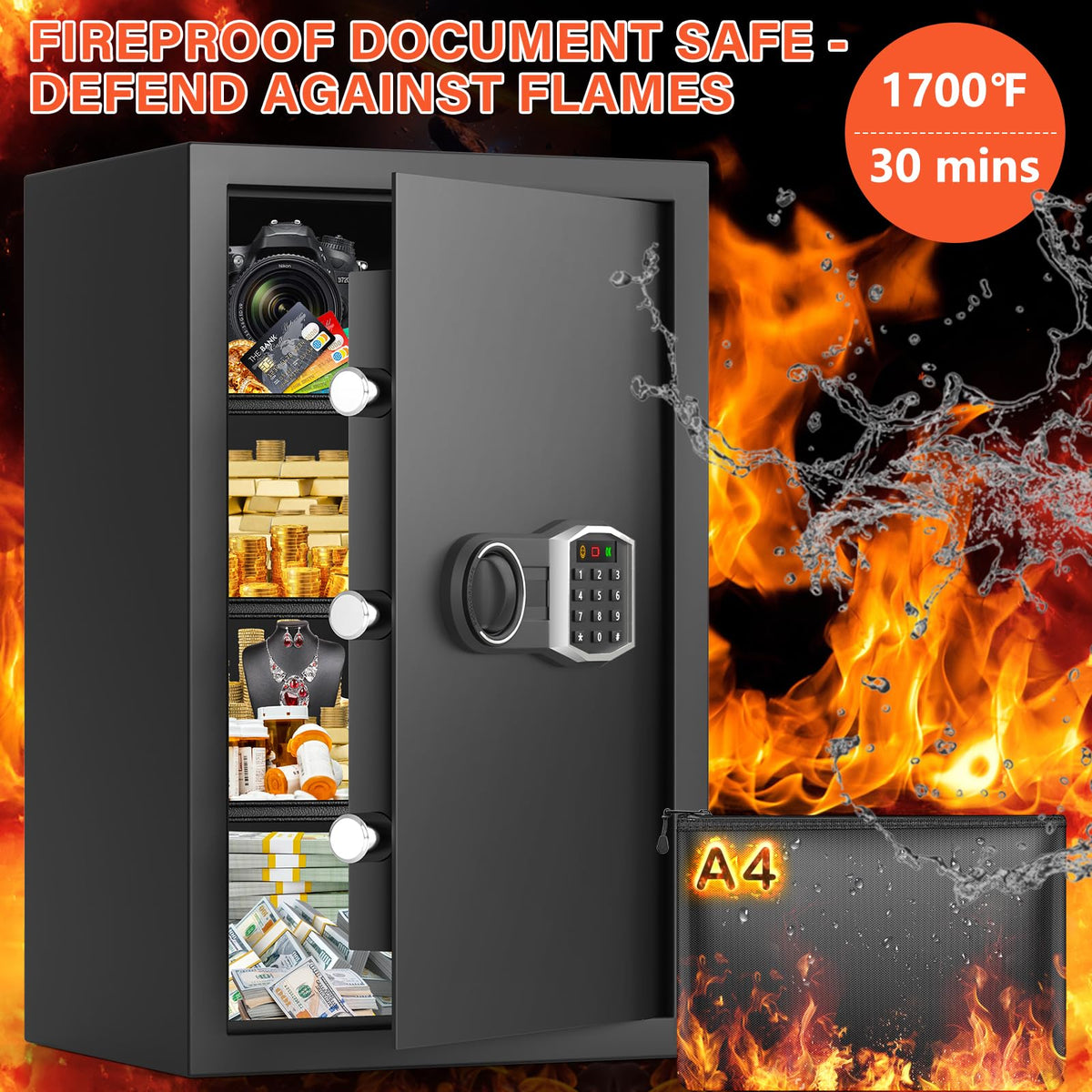 4.5 Cuft Larger Safe Box Fireproof Waterproof, Fireproof Safe with Fireproof Document Bag, Alarm Systerm and Comb Lock, Anti-Theft Safes for Home Ammo Money Document