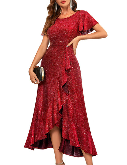 BeryLove Women Sequin Formal Party Dress Flutter Short Sleeve Wedding Guest Dress Cocktail Long Evening Dress BLS007 Red L