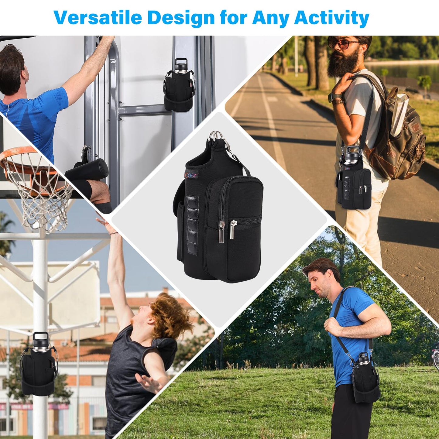 icolor Magnetic Gym Bag Water Bottle Carrier Holder with Phone Pockets & Shoulder Strap,5 Built-in Magnets Gym Bottle Pouch Sleeve,Magnetic Bag Gym Accessories Organizer for Men Women(PureBlack)