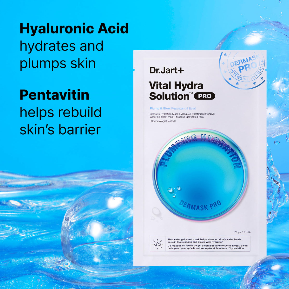 Dr.Jart+ Dermask Vital Hydra Solution Glow Korean Face Mask with Hyaluronic Acid for Glass Skin & Intense Hydration | Sheet Mask | Gifts for Women | Korean Skin Care, 5 Pack