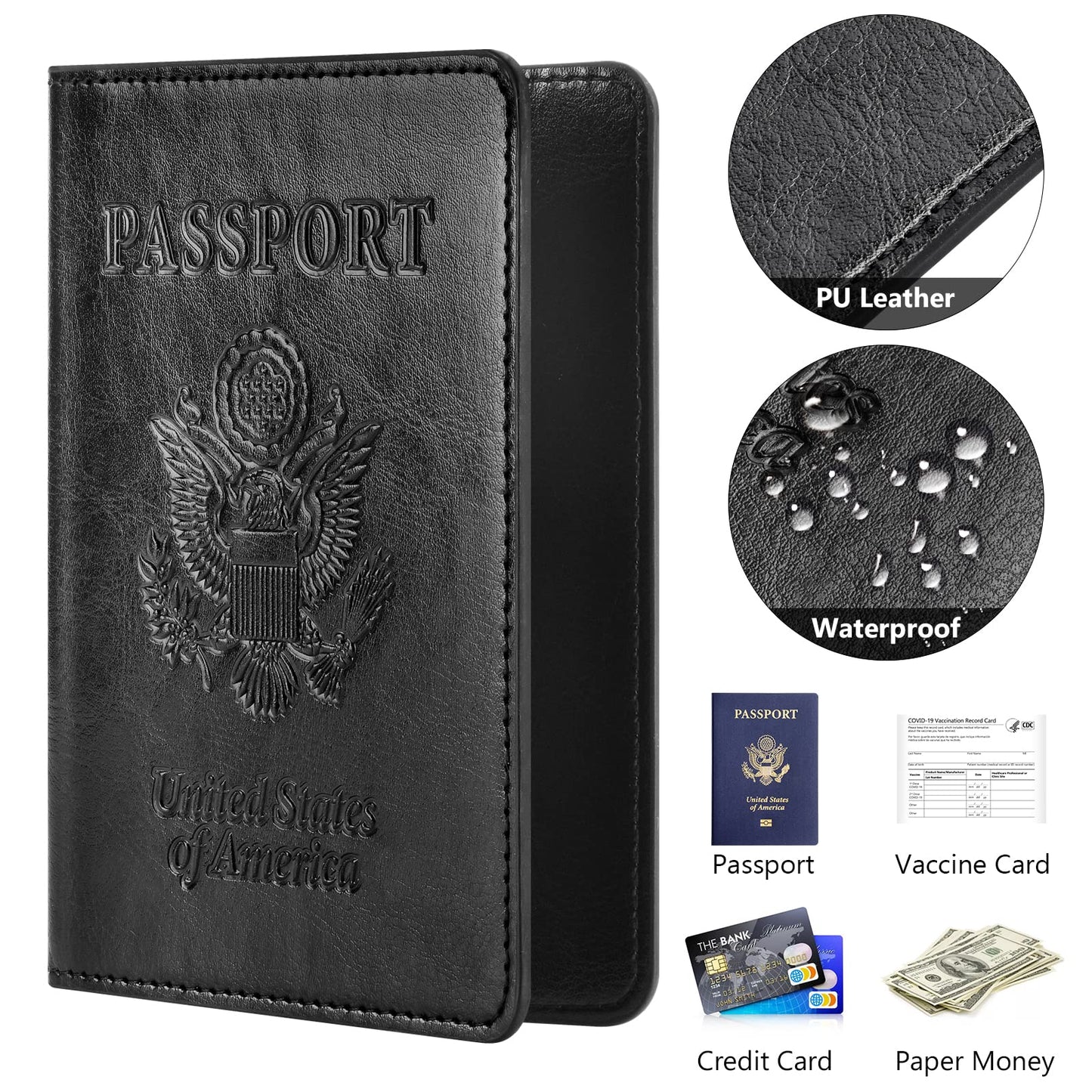 Eoehro Passport and Vaccine Card Holder Combo, Faux Leather, Compact, Lightweight, Waterproof, AA-Black