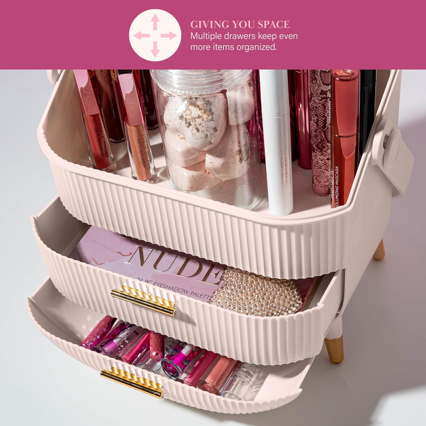 Paris Hilton Makeup Storage Organizer with Lid, Cosmetics and Skincare Organizer for Vanity, Portable Makeup Storage Box for Countertop, Top Gift Item, Fluted Design with Gold Accents, Pink