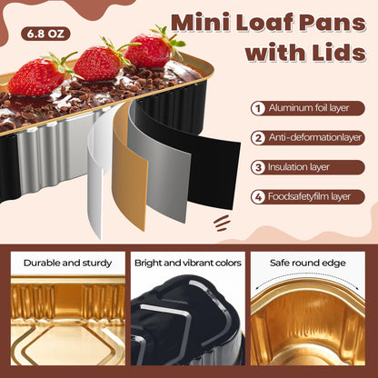 LOKQING Mini Loaf Pans with Lids Rectangle Aluminum Foil Baking Pans Tins Containers for Wedding Birthday Party 6.8oz(Black Gold, 120 Pack)