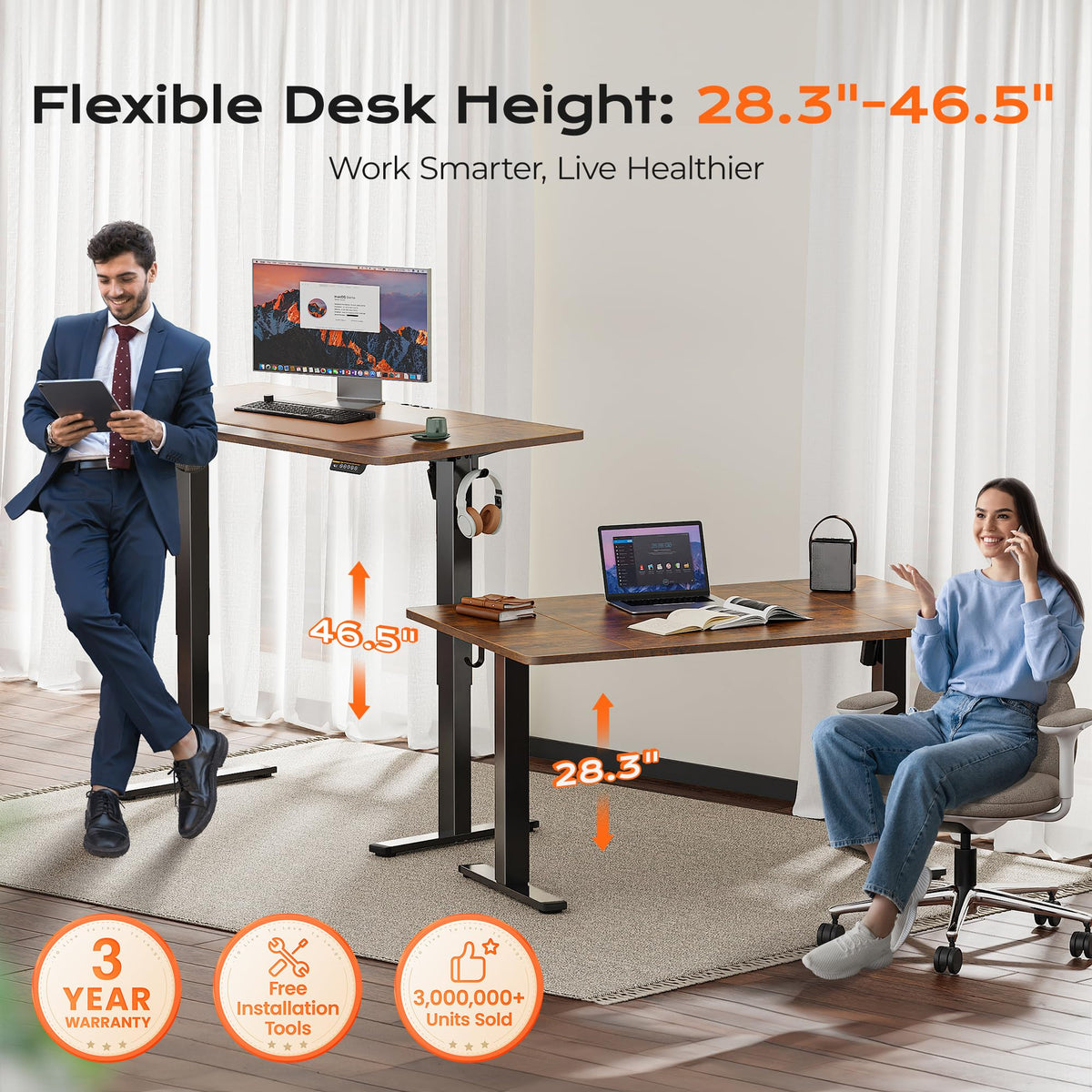 Huuger 55 x 28 Large Electric Standing Desk, Height Adjustable Computer Desk, 27.6" Deep Desktop, Stand up Gaming Office Desk with 2 Hooks, 3 Preset Heights, for Home Office, Rustic Brown