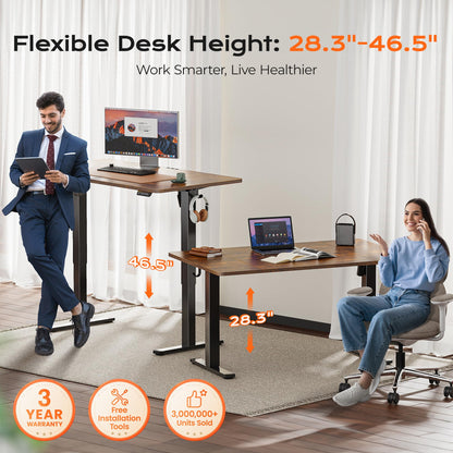 Huuger 55 x 28 Large Electric Standing Desk, Height Adjustable Computer Desk, 27.6" Deep Desktop, Stand up Gaming Office Desk with 2 Hooks, 3 Preset Heights, for Home Office, Rustic Brown
