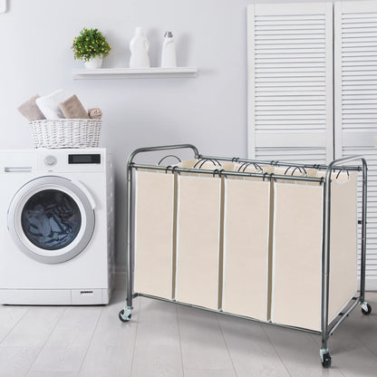 STORAGEIDEAS Laundry Sorter Hamper with Wheels, Heavy-Duty Laundry Sorter Rolling Cart, Lockable Wheels and Removable Bags, 4 Sections, Beige