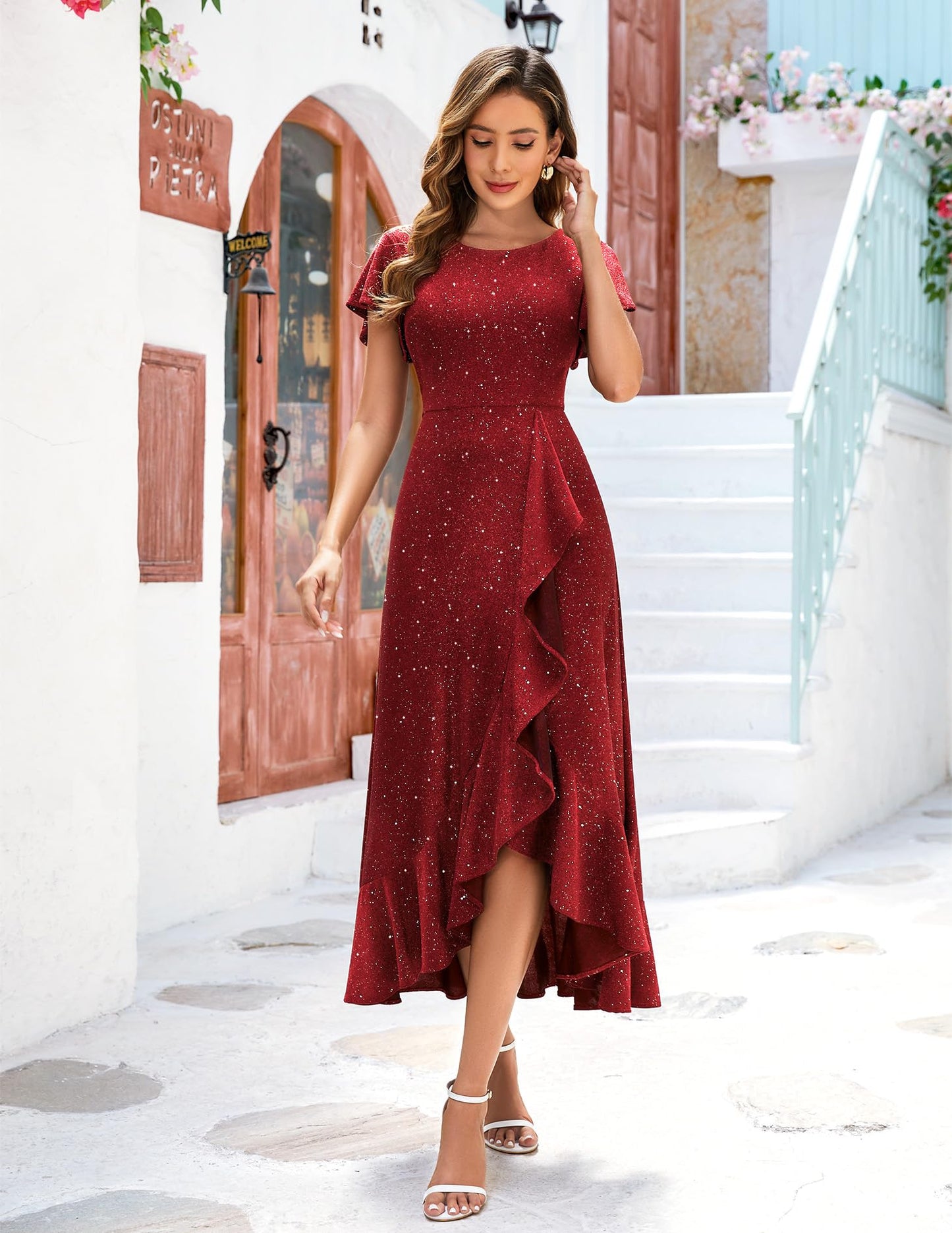 BeryLove Women Sequin Formal Party Dress Flutter Short Sleeve Wedding Guest Dress Cocktail Long Evening Dress BLS007 Red L