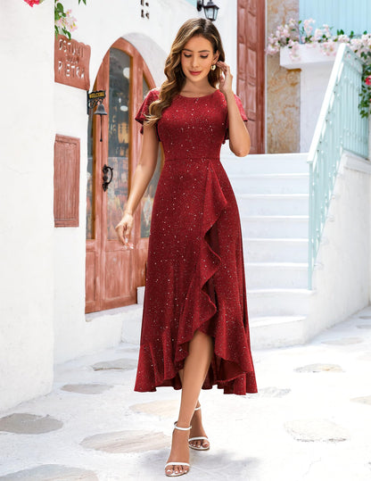 BeryLove Women Sequin Formal Party Dress Flutter Short Sleeve Wedding Guest Dress Cocktail Long Evening Dress BLS007 Red L
