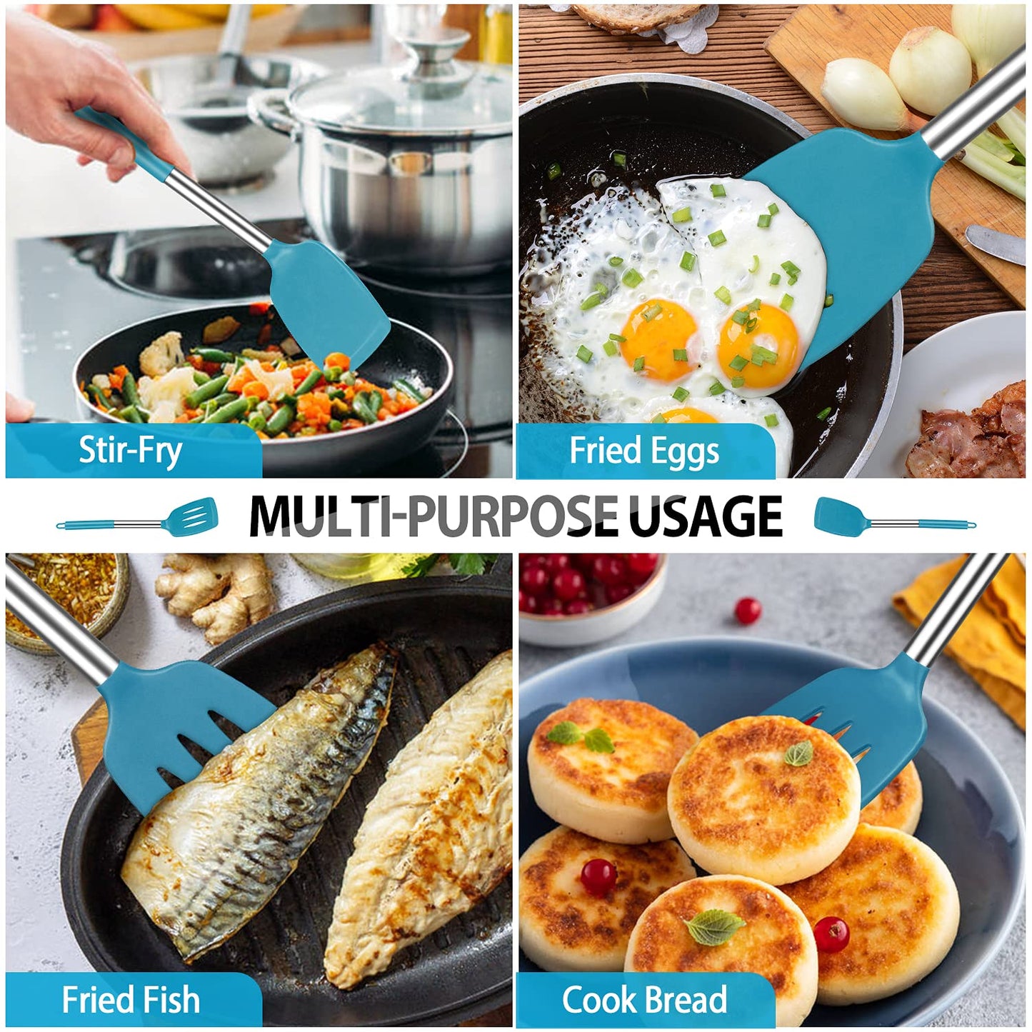 Pack of 4 Large Silicone Cooking Spatulas and Spoons, Slotted and Solid Stainless Steel Cooking Utensils Set, Non-stick Heat Resistant Kitchen for Baking, Fried, Stir-Fry, Mixing, Serving (Blue)