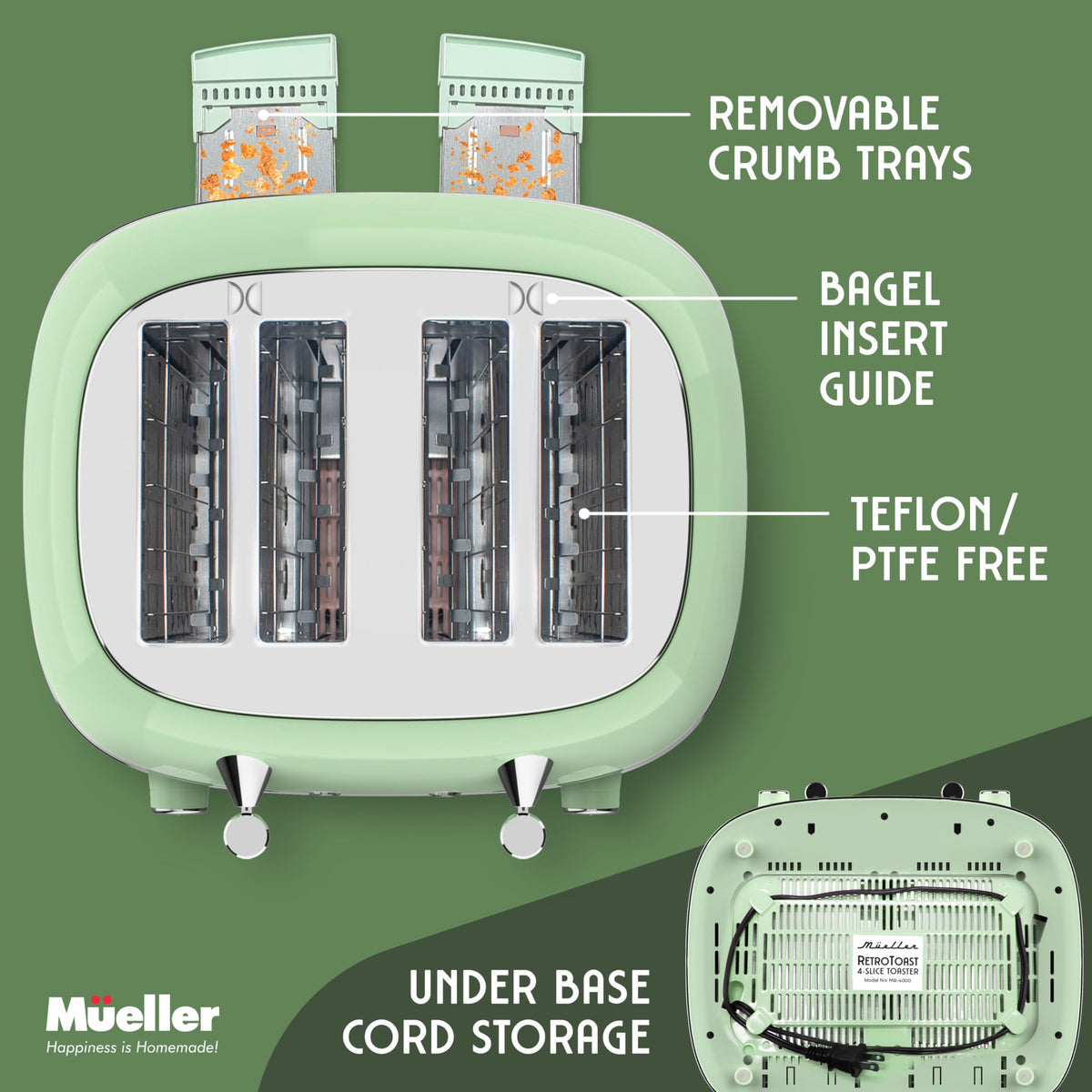Mueller Retro Toaster 4 Slice with Extra Wide Slots Bagel, Defrost, and Cancel Function, 6 Browning Levels, Dual Independent Controls, Removable Crumb Tray and High Lift Levers, Sage Green