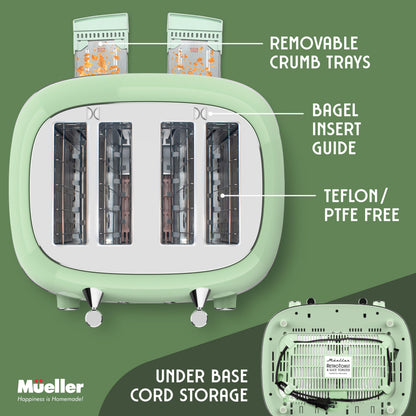 Mueller Retro Toaster 4 Slice with Extra Wide Slots Bagel, Defrost, and Cancel Function, 6 Browning Levels, Dual Independent Controls, Removable Crumb Tray and High Lift Levers, Sage Green
