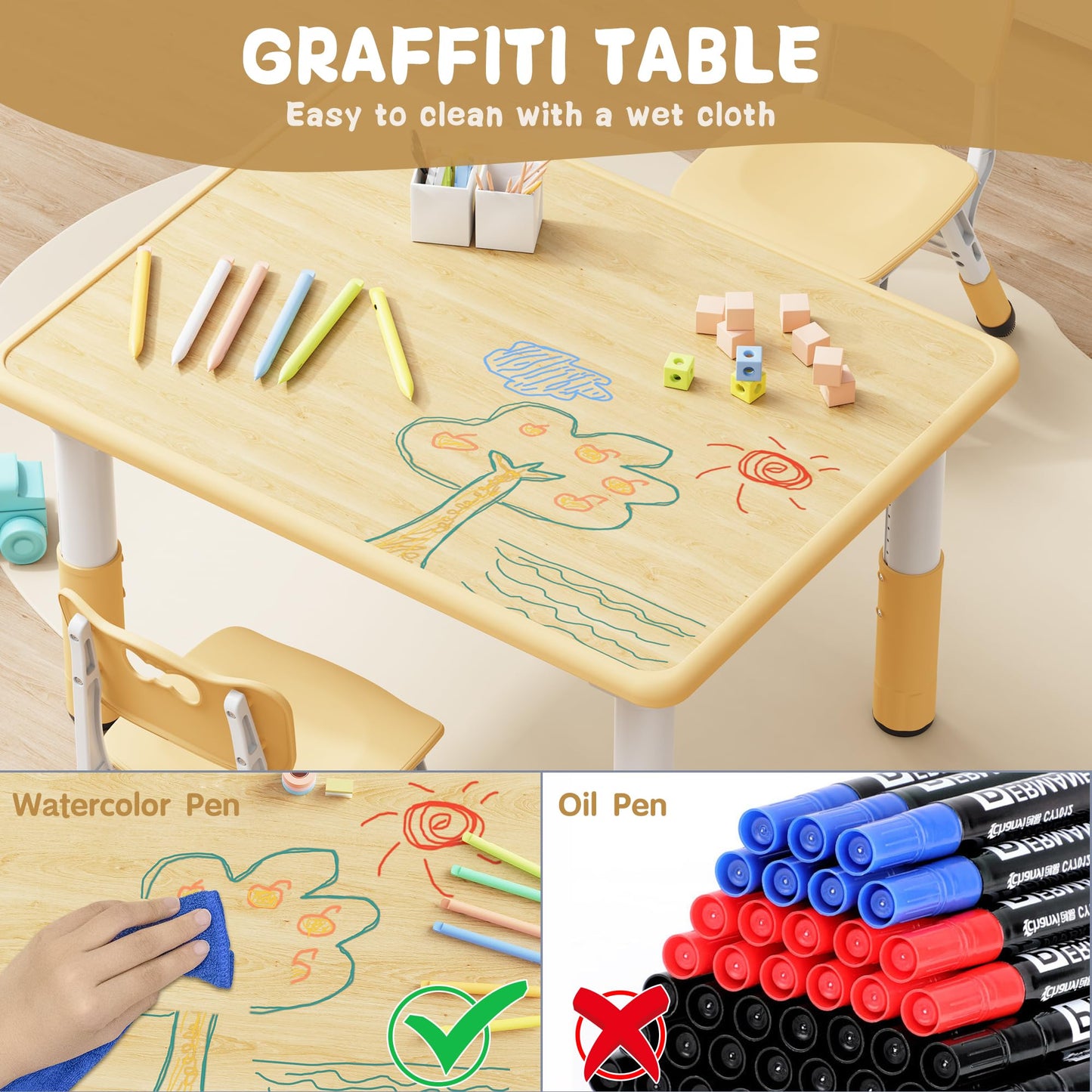 Brelley Kids Table and 2 Chairs Set, Height Adjustable Toddler Desk 31.5" L x 23.6" W and Chair Set, Graffiti Desktop, Classroom/Daycare/Home, Children Multi-Activity Table for Ages 2-8