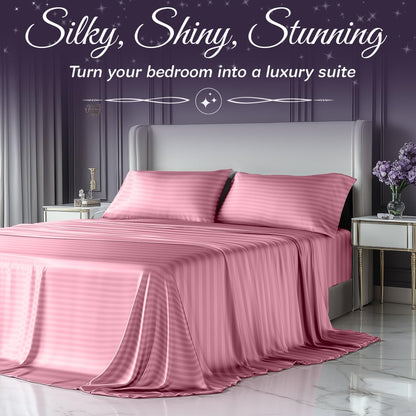 SLEEP SANCTUARY Satin Sheets King Size – 4 Piece Luxury Silky Bed Set, Softer Than Silk, 15" Deep Pocket, Cooling & Wrinkle-Free, Moisture-Wicking & Breathable for Hair & Skin (Striped Pink)