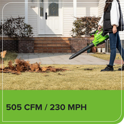 Greenworks 40V (230 MPH / 505 CFM) Cordless Brushless Leaf Blower/Vacuum with Bag, High Power, Lightweight & Quiet for Yard Debris Cleanup, Includes 5.0Ah Battery & Charger