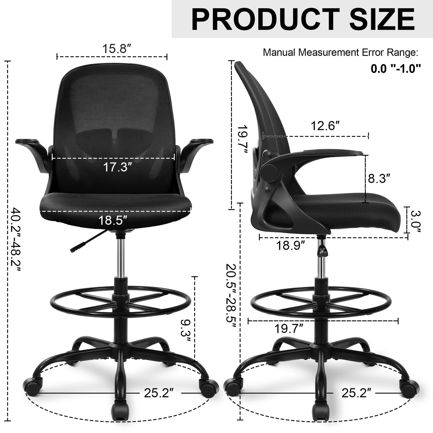 Primy Drafting Chair Tall Office Chair with Flip-up Armrests Executive Ergonomic Computer Standing Desk Chair with Lumbar Support and Adjustable Footrest Ring (Black)