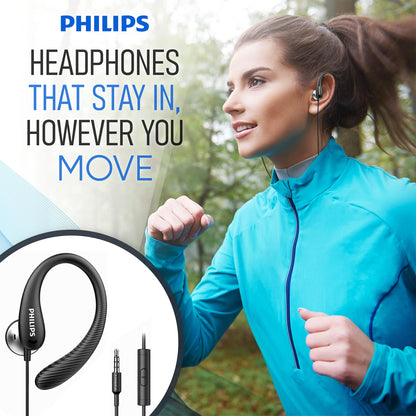 PHILIPS Over The Ear Earbuds, Flexible Wrap Around Earbuds, Around Ear Headphones with Mic Behind The Ear Headphones, Perfect for Sports, Running, Exercise, Gym (Black)