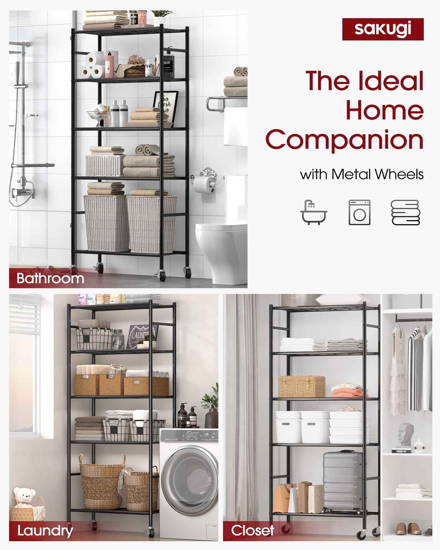 Sakugi Storage Shelves Organizer - 5 Tier Metal Shelf Organizer with Metal Wheels and Adjustable Leveling Feet, Heavy Duty Garage Shelving for Kitchen, Pantry and Closet, 33.1"x12.6"x73.5", Black