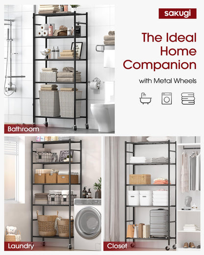 Sakugi Storage Shelves Organizer - 5 Tier Metal Shelf Organizer with Metal Wheels and Adjustable Leveling Feet, Heavy Duty Garage Shelving for Kitchen, Pantry and Closet, 33.1"x12.6"x73.5", Black