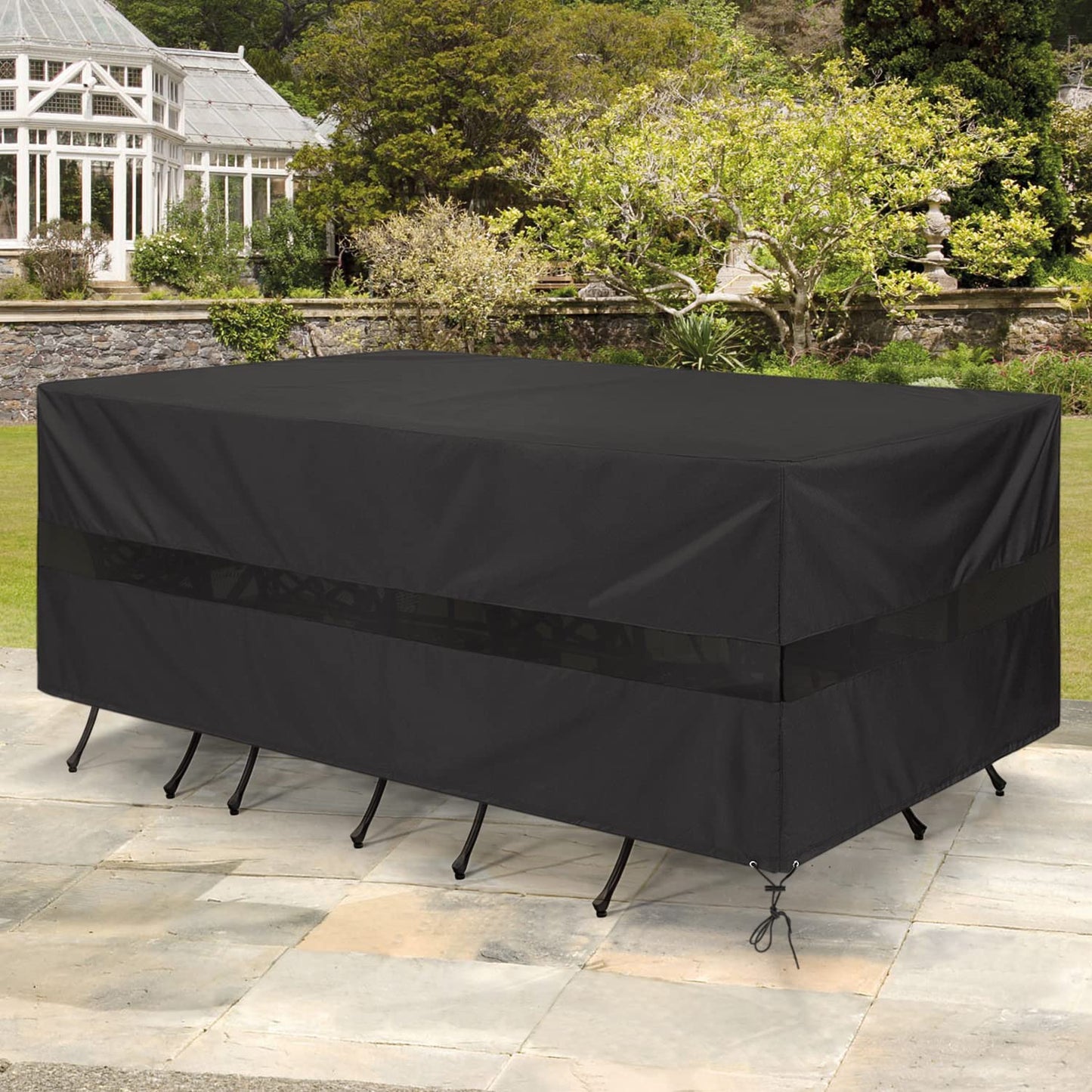 SunPatio Patio Furniture Covers Waterproof, Rectangular Table and Chairs Set Cover, Outdoor Furniture Set Cover with Drawstrings and Taped Seams, All Weather Protection, 76"W x 50"D x 30"H, Black