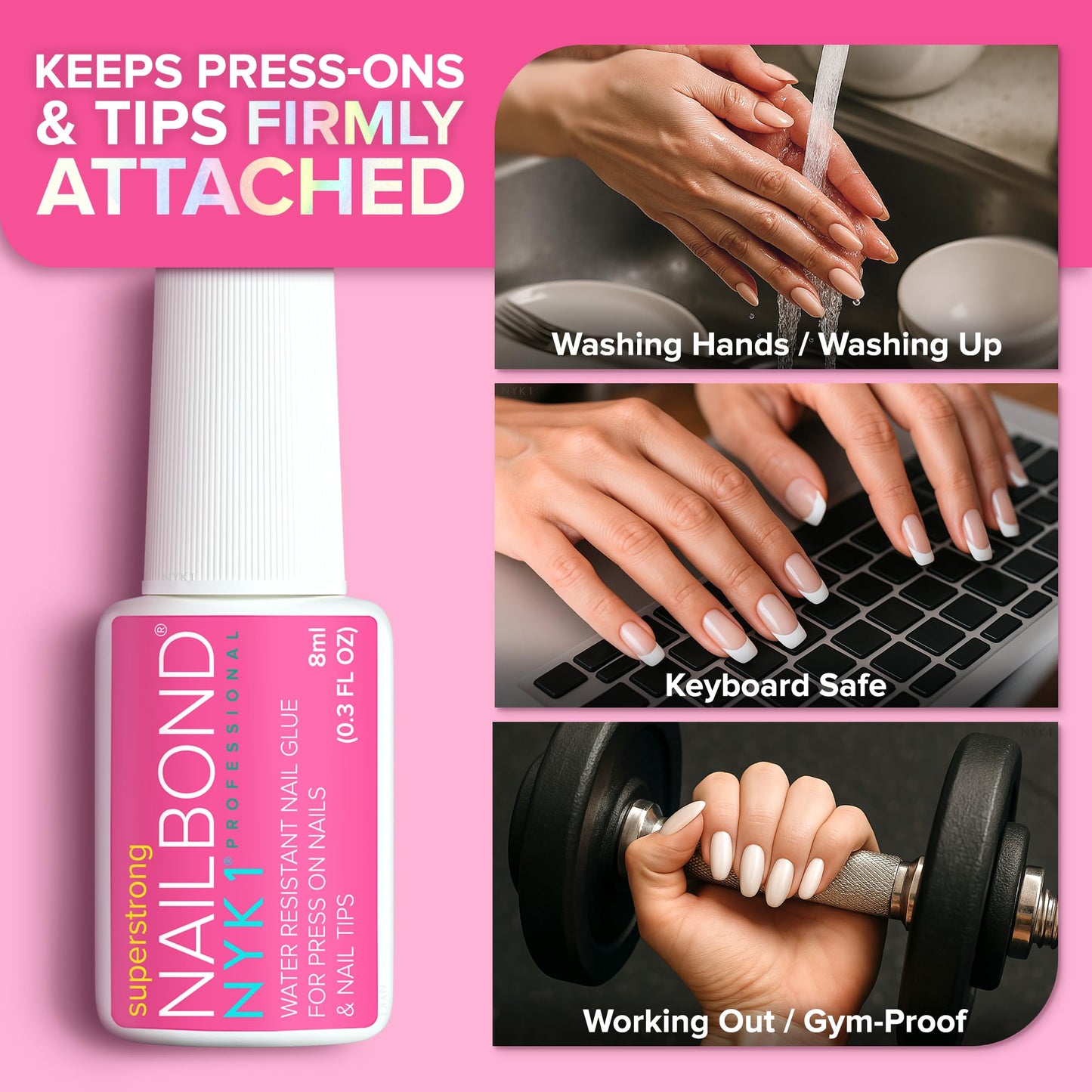 Super Strong Nail Glue for Press On Nails, Nail Tips & Acrylic Nails (8ml) NYK1 NailBond Brush On Glue for Press Ons, Tips & Acrylics - Long Lasting, Maximum Strength, Mess-Free Application