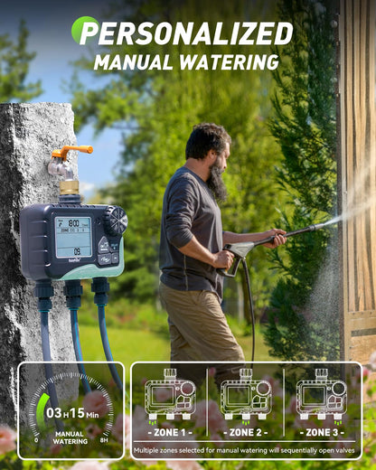 RAINPOINT 3 Zone Sprinkler Timer with Brass Inlet, Water Timer for Garden Hose,Rain Delay/Manual/Automatic Watering System, Hose,Hose Timers for Watering with IP65 Waterproof, Large LCD for Yard