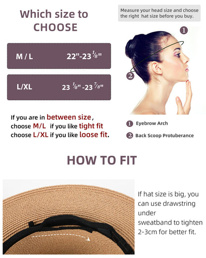 FURTALK Womens Mens Wide Brim Straw Panama Hat Fedora Summer Beach Sun Hat UPF Straw Hat for Women Beige-White