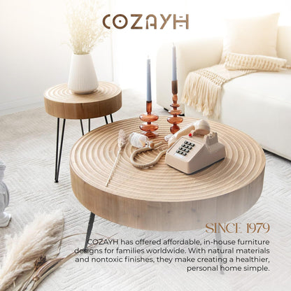 COZAYH 2-Piece Round Nesting Coffee Table Set, Natural Wood Top with Black Metal Legs, Ring Pattern – Rustic Farmhouse Accent for Living Room or Bedroom – Space-Saving Modern Furniture