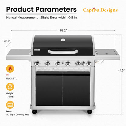 Captiva Designs 6-Burner Propane Gas BBQ Grill with Side Burner & Porcelain-Enameled Cast Iron Grate and Plate for Outdoor Barbucue Events, 52,000 BTU Output,740 SQ.IN. Cooking Area，Heavy Duty