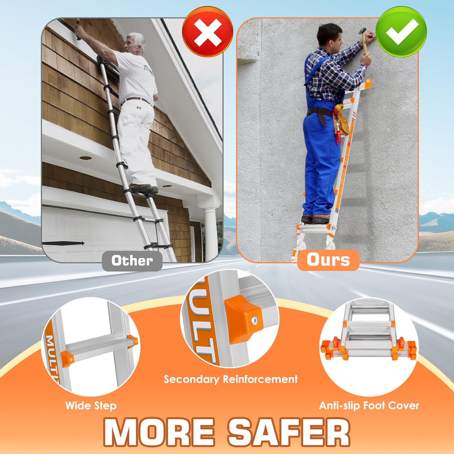 LEVELEVE 17FT Extension Ladder,A Frame 5 Step Ladder with Stabilizer Bar & Wheels,330 lbs Security Load Multi Position Ladder for Stairs Home Indoor Outdoor Roof