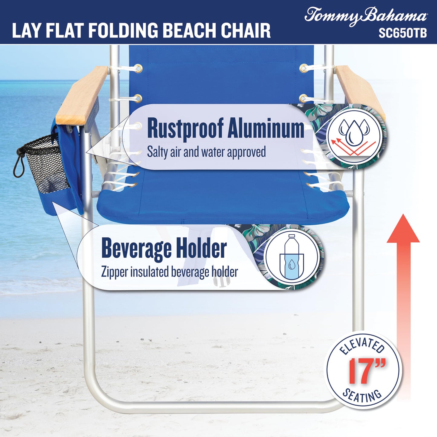 Tommy Bahama Hi-Boy 17" Seat Height 4-Position Lace-Up Suspension Folding Beach Backpack Chair, 1-Pack, Red and Blue Stripe