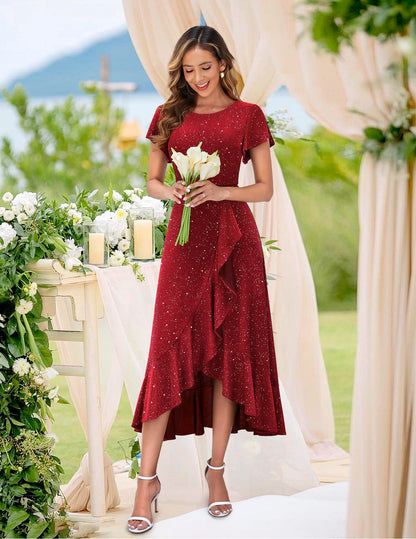 BeryLove Women Sequin Formal Party Dress Flutter Short Sleeve Wedding Guest Dress Cocktail Long Evening Dress BLS007 Red L