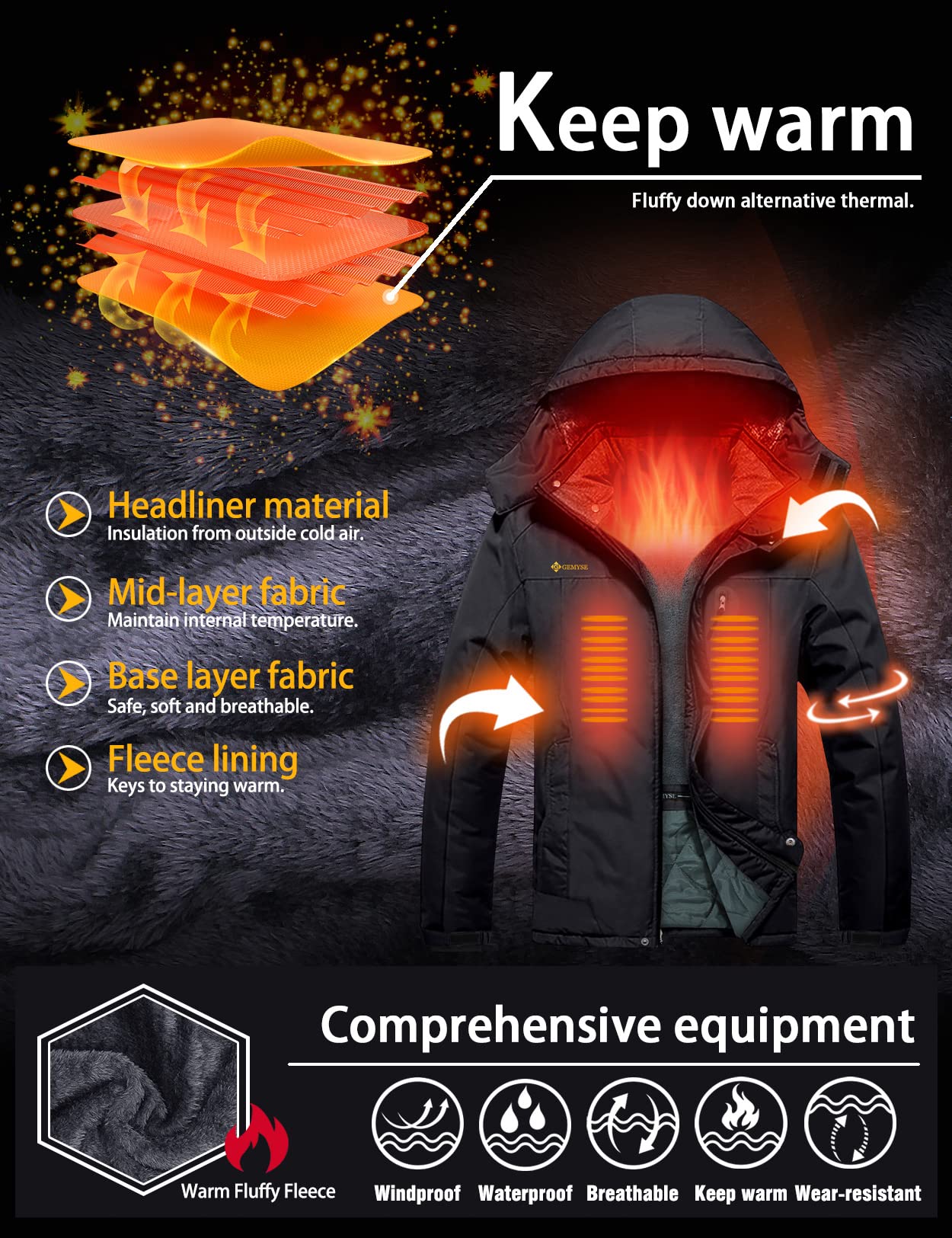 GEMYSE Men's Ski Snow Jacket Warm Winter Waterproof Coat Snowboard Rain Jacket Hooded Windproof Windbreaker（Black,Large）