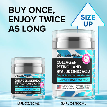 SimplyVital Collagen, Retinol & Hyaluronic Acid Cream - Anti-Aging Retinol Cream for Face, Neck & Décolleté - Made in USA - Daily Moisturizer Face Cream - 3.38 fl oz