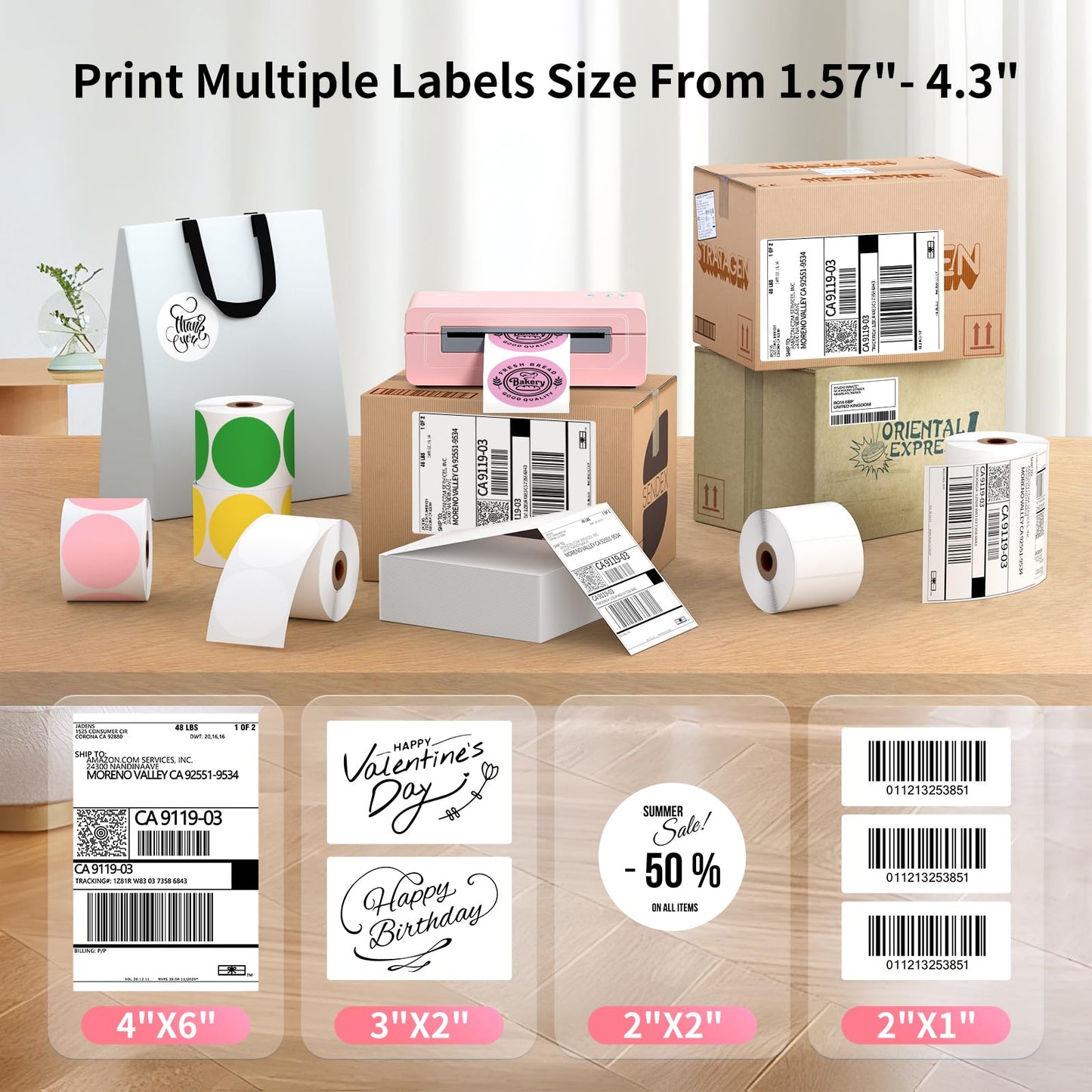 Gloryang Bluetooth Thermal Shipping Label Printer, 4X6 Inkless Label Machine for iOS, Android, Laptop, Wireless Printer for Small Business, Compatible with Amazon, UPS, Shopify, Pink