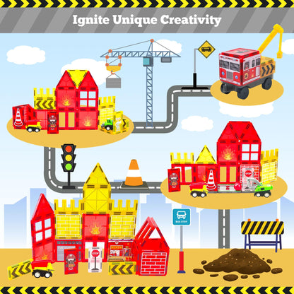 Magnetic Tiles for Kid, Construction Magnet Tiles with Fire Truck & Station, Building, Road, Crane, and Car Toys - Educational Travel Magnetic Tiles for Kids Ages 4-8, STEM Toys for 3+ Year Old