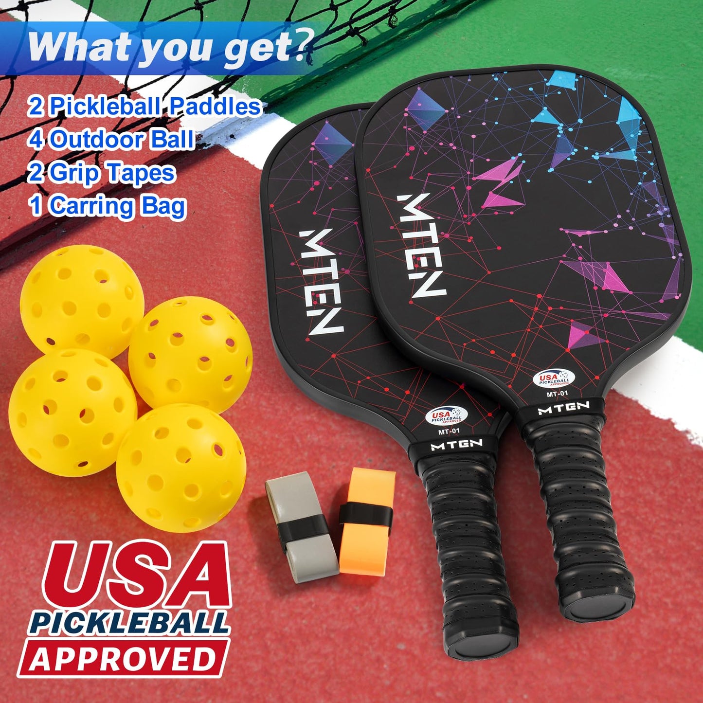 Pickleball Paddles Set of 2, USAPA Approved Fiberglass Surface Pickleball Set with 2 Pickleball Rackets,4 Pickleball Balls,1 Portable Carry Bag,Pickle Ball Paddle Set for Men Women