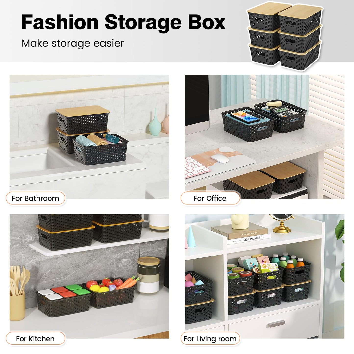 Plastic Storage Baskets With Bamboo Lid - Plastic Storage Containers Stackable Storage bins: Storage Baskets for Organizing Shelves Drawers Desktop Closet Playroom Classroom Office, 6 Pack