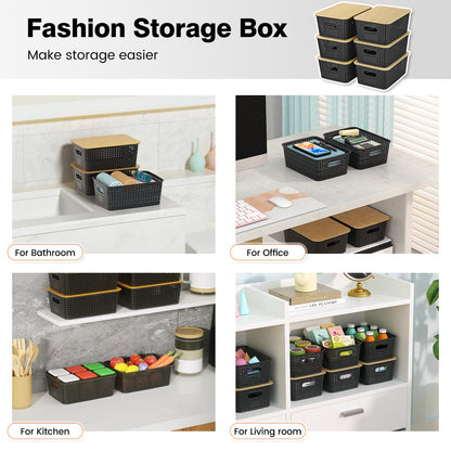 Plastic Storage Baskets With Bamboo Lid - Plastic Storage Containers Stackable Storage bins: Storage Baskets for Organizing Shelves Drawers Desktop Closet Playroom Classroom Office, 6 Pack