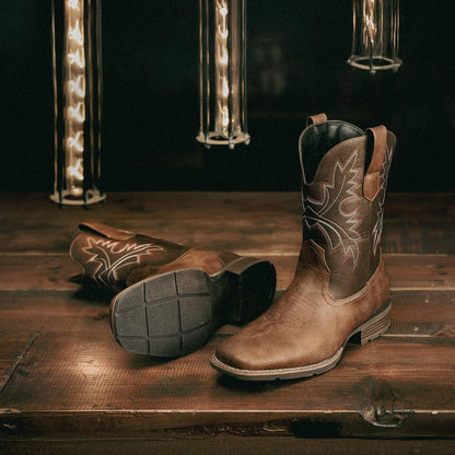Lumeheel Cowboy Boots for Men - Western Square Toe Men's Brown Boots with Classic Embroidered, Slip on Chunky Heel for Spring Fall 10.5M
