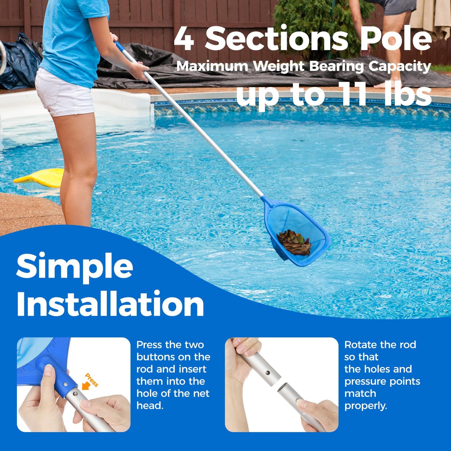 Mowend Swimming Pool Skimmer Net Total Length 57 inches, Leaf Rake Net with 4 Section Telescopic Aluminum Pole for Fast Cleaning Ponds, Hot Tub, and Spas, Pool Cleaner Supplies and Accessories