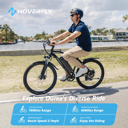 HOVERFLY OUREA Electric Bike 26", 750W Peak Motor Mountain Ebike,Up to 40 Miles 20MPH Removable Battery, 7-Speed and Shock Absorber, UL2849 Certified, Electric Commuter Bike for Adults White