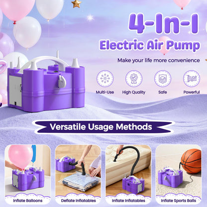 Keaibuding Electric Balloon Pump, 4-in-1 Balloon Blower with Triple Inflating Ports for All Balloons, Air Pump for Sports Balls, Inflator& Deflator for Inflatables with Dust-Proof Storage Bag (Purple)