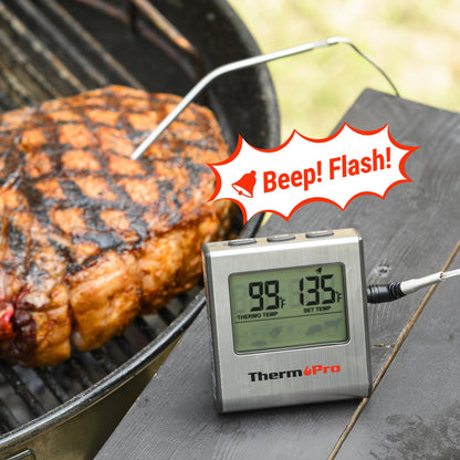 ThermoPro TP16 Large LCD Digital Cooking Food Meat Thermometer for Smoker Oven Kitchen BBQ Grill Thermometer Clock Timer with Stainless Steel Temperature Probe