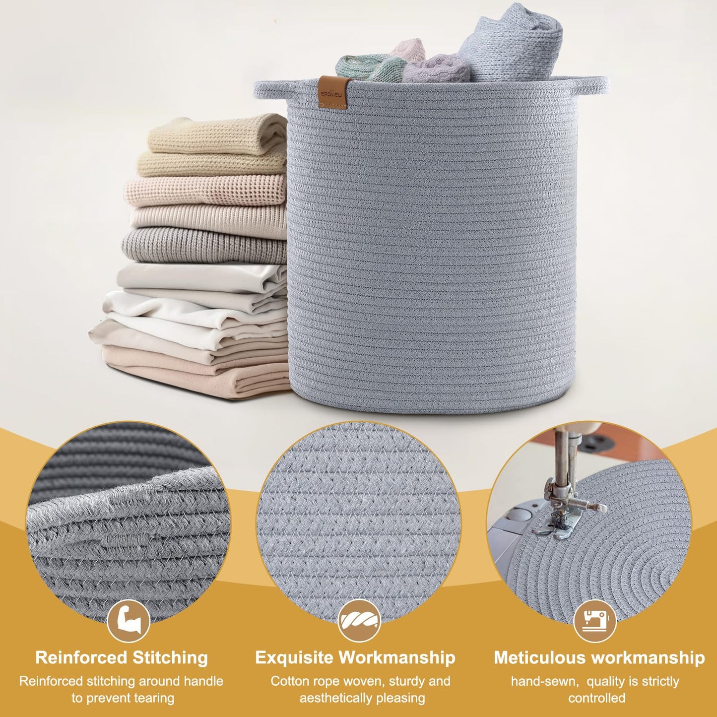 BROVIEW Woven Storage Basket, 56L Tall Laundry Baskets Hamper, 16x18 in Cotton Rope Basket for Toy, Pillows, Clothes, Blanket Basket with Handles for Living Room Bedroom Nursery Grey